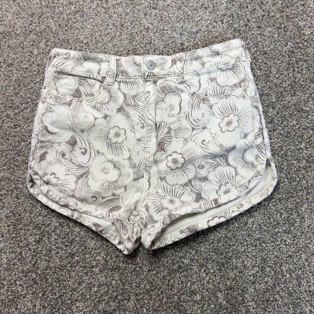 Pilcro Anthropologie Floral Print High Rise Denim Dolphin Shorts Tan Cream 26